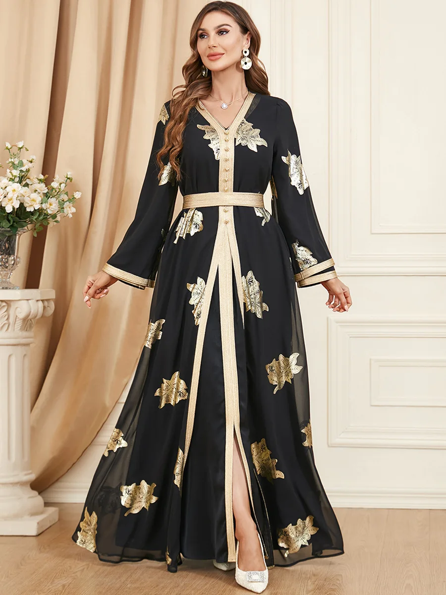 Eid Muslim Dress Abaya Women 2 Piece Set Morocco Party Dresses Ramadan Mubarak Belt Kaftan Vestidos Maxi Abayas Set Elegant Robe