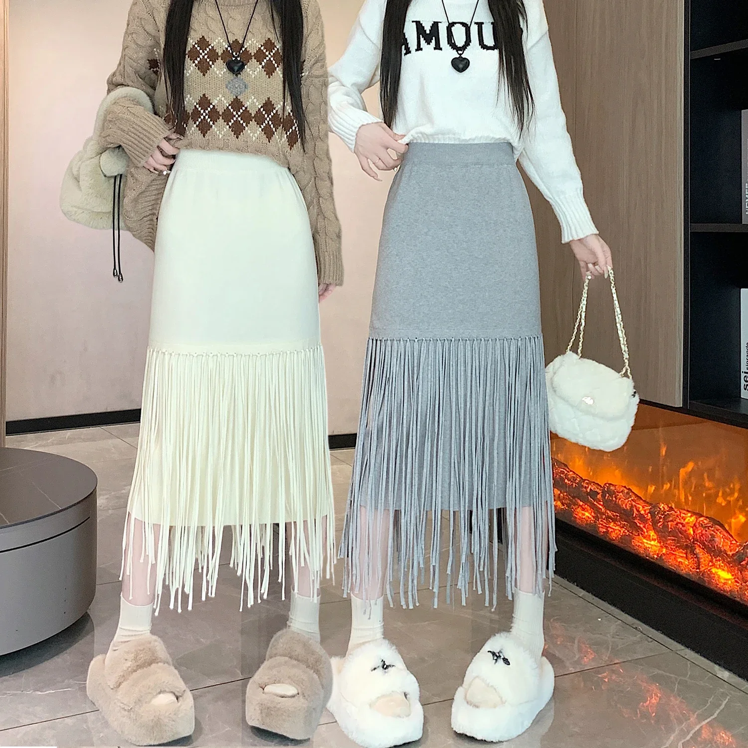 Юбка-миди Женская трикотажная трапециевидная с высокой талией и кисточками