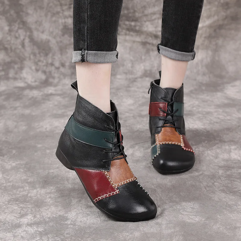 2022 New Autumn Winter Women Boots Retro Ethnic Style Patchwork Leather Booties Fashion Ladies Low-heel Ankle Boots Comfy Soft