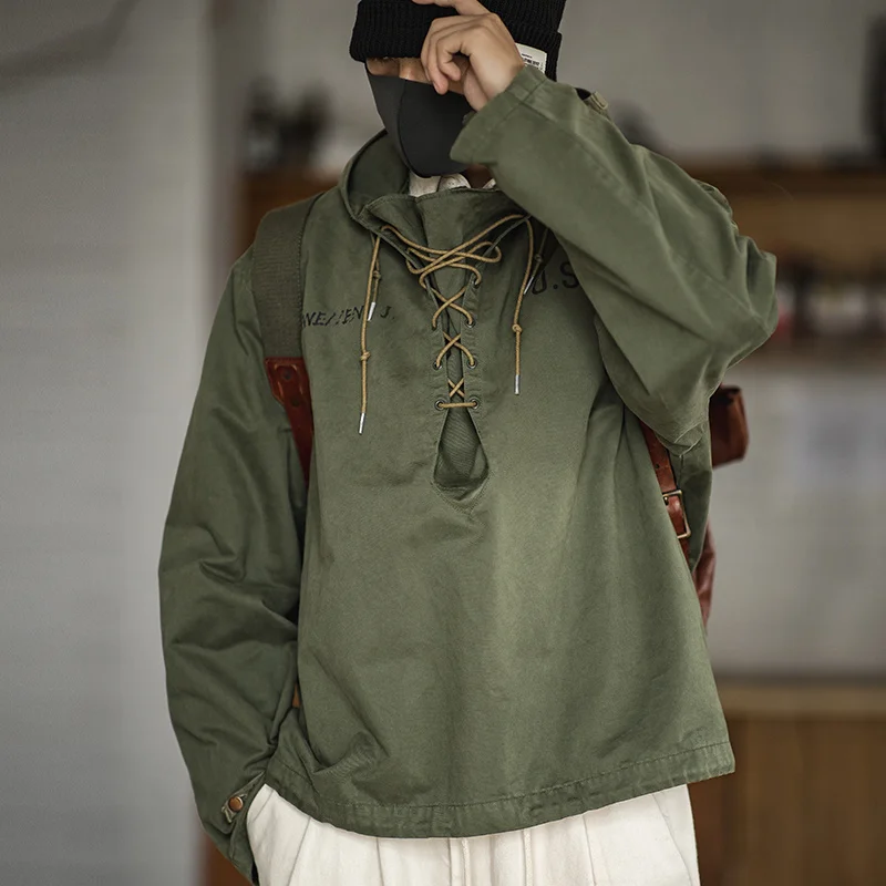 

Maden male Hooded Pullover Long Sleeve Deck Parker Jacket Drawstring Neckline Workwear Green Cuffs Ribbon Closure
