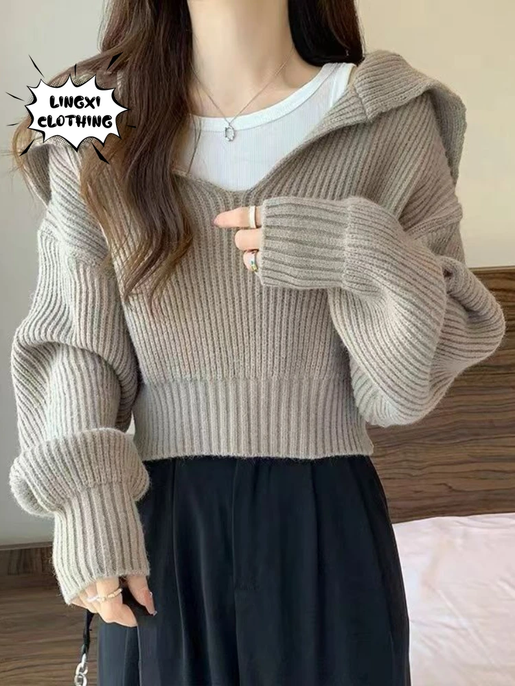 

Autumn New Korean Short Navy Neck Large Size Knitted Long Sleeve V-Neck Knitted Pullover Elegant and Warm External Sweater