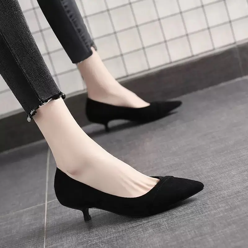 Shoes for Women Low Heel Pointed End Heel Zapatos Mujer 2023 New Style Pumps Chaussures Black PU Vamp Matte Upper Work Shoes