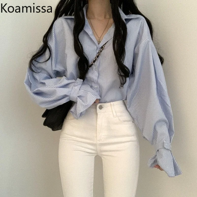 Koamissa Spring Autumn Women Striped Blouse Long Sleeves Turn Down Collar Shirt Casual Loose Outwear Tops Dropshipping 2022