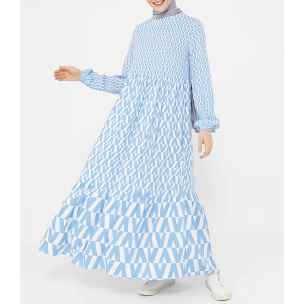 

Blue Fashion Dresses For Women Muslim Bundle Puff Sleeve O-neck Long Robe Gowns Full Cover Geometry Print Patchwork Maxi Dress
