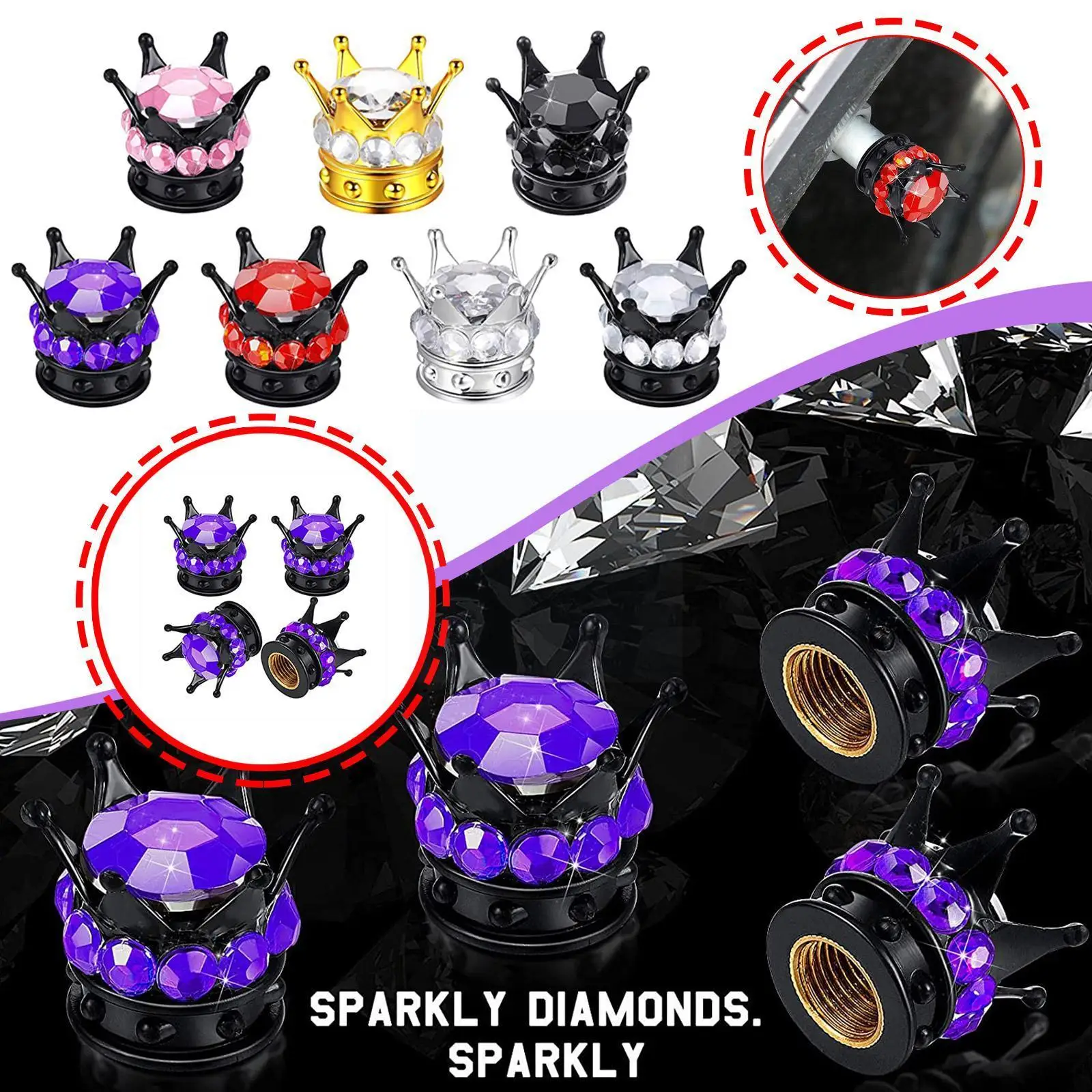 

4pcs Car Tire Valve Caps Cover crystal Diamond Crown Cap Stem Accessories Car Tyre Cap Dust Shape Tire Valve Car N9N0