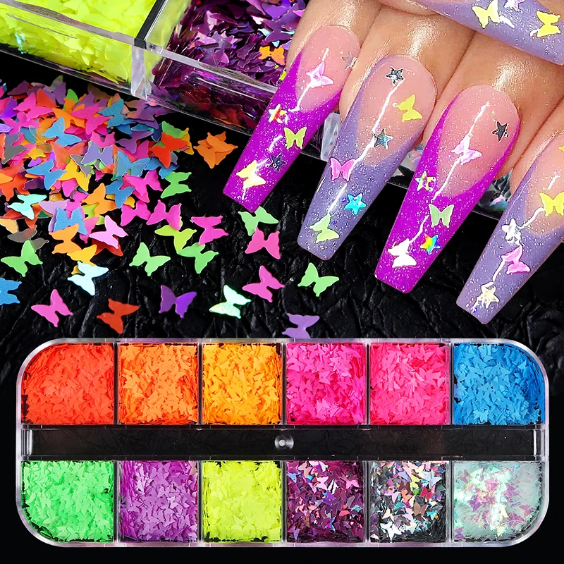 

Флуоресцентная бабочка сердце фрукты различные формы дизайн ногтей блестящие хлопья 3D Красочные Блестки лак Маникюр украшения для ногтей