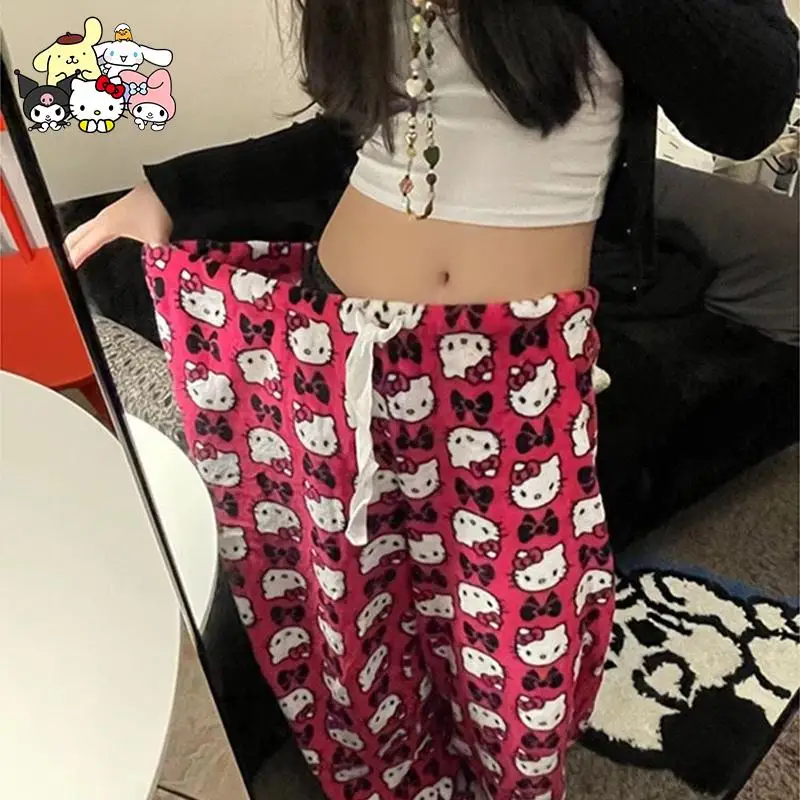 

Hello Kitty Wide Leg Pants Women Sanrio Loose High Waist Pants Casual Thin Pants Trousers Women Aesthetic Y2K Fashion Printed