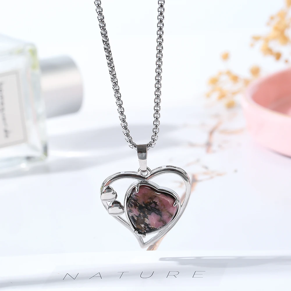 

Heart Necklace Set Pink Natural Rose Stone Pendant Neck Chain Simple Elegant Wedding Party Jewelry Unisex Necklace
