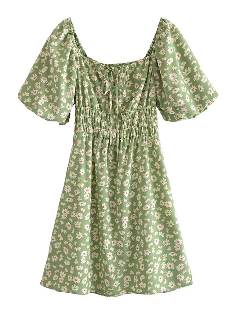 

YENKYE Women Daisy Flower Print Sexy Off Shoulder Dress Vintage Puff Sleeve Elastic Waist Holiday Summer Casual Dress Short