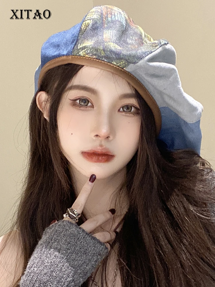 

XITAO Fashion Denim Berets Contrast Color Print Splicing Casual Women New Vintage All-match Cloud Hat Street Trendy WLD8078