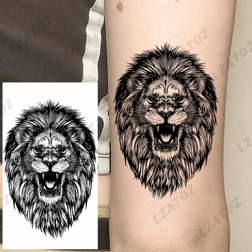 

Realistic Lion Animal Temporary Tattoos For Men Adults Dark Tiger Skull Fake Tattoo Sticker DIY Hand Washable Tatoos