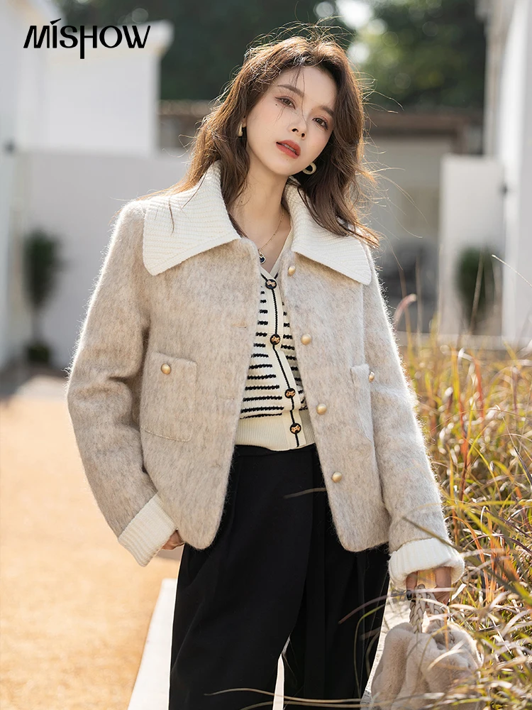 MISHOW Down Retro V-neck Wool Coat 2022 Winter Single Breasted Turndown Collar Thickened Warm Female Coat Office Lady MXB48W0930