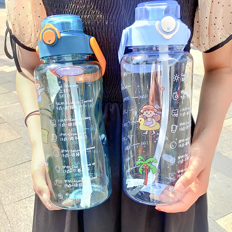 

2000ml Cute Large Capacity Space Plastic Water Bottle With Straw Portable Handle Outdoor Sports Cycling Camping Drinking Kettle