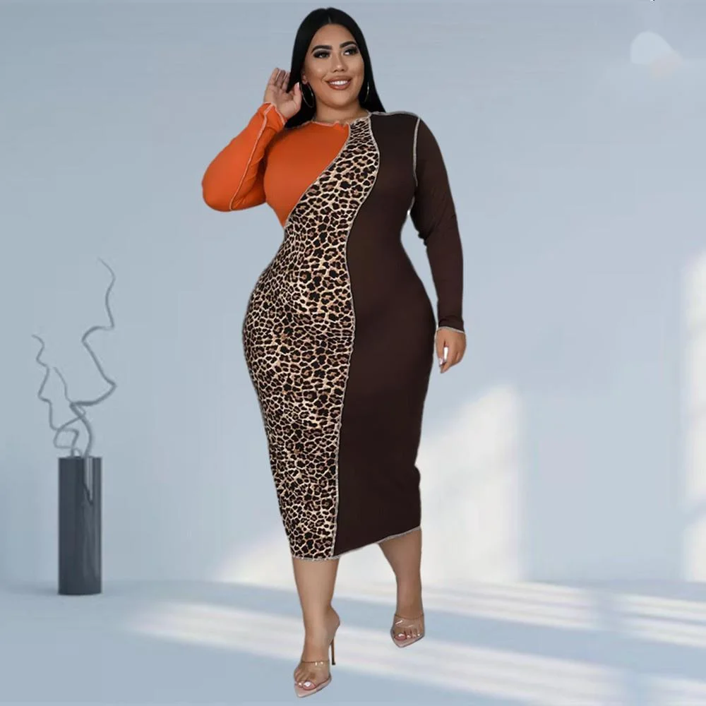 Plus Size New Women's Dresses Elegant Leopard Patchwork Bodycon Stretch Maxi Dress Party Vintage 2023 Wholesa 3xl 4xl 5xl 6xl