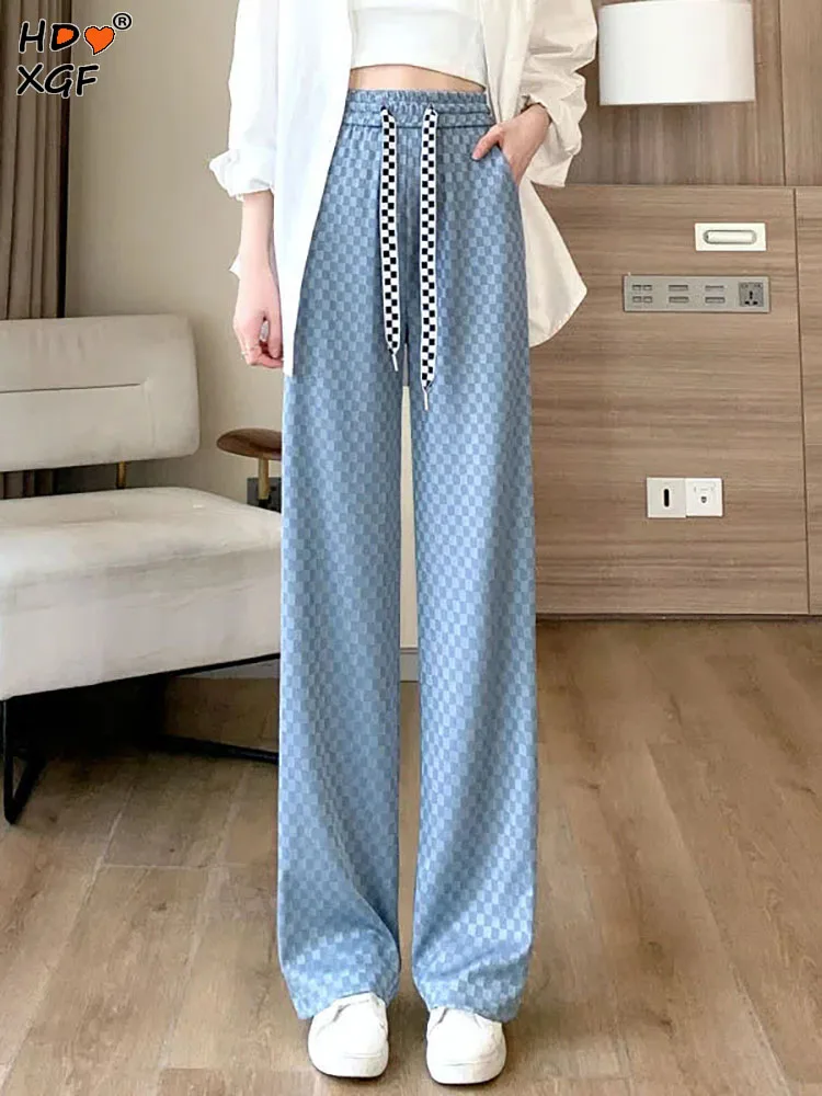 

Элегантные ледяные шелковые шахматные прямые брюки в клетку, женские эластичные брюки с завышенной талией, повседневные брюки в стиле Харадзюку