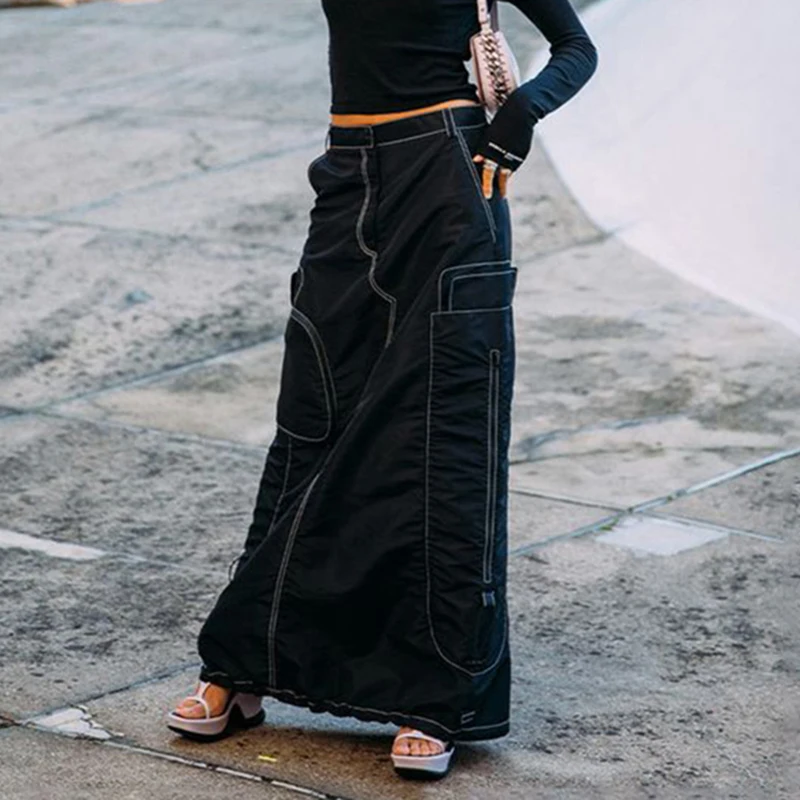 

WeiYao Stripe Contrast Stitching Long Cargo Skirts Womens Goth Techwear Black Low Waist Casual Loose Size Streetwear Skirt
