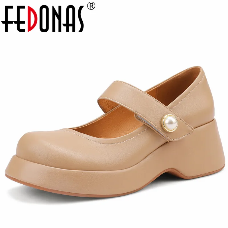 

FEDONAS Women Genuine Leather Pumps Fashion Concise Spring Summer Platforms Thick Heels Mary Janes Shoes Woman Working Casual