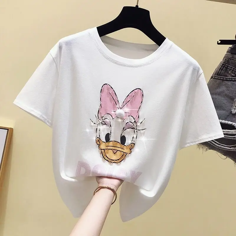 

Pure Cotton Short-sleeved Women's T-shirt Summer 2021 New Women's Beaded Duck Print Top Woman Tshirts