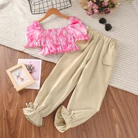 girls summer square neck elastic short sleeve top trousers two piece set toddler girl clothes girls bell bottoms