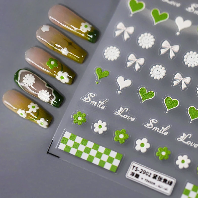 

Green White Love Heart Bowknot Flowers 5D Embossed Reliefs Self Adhesive Nail Art Sticker Colorful 3D Manicure Phone Decal Woman