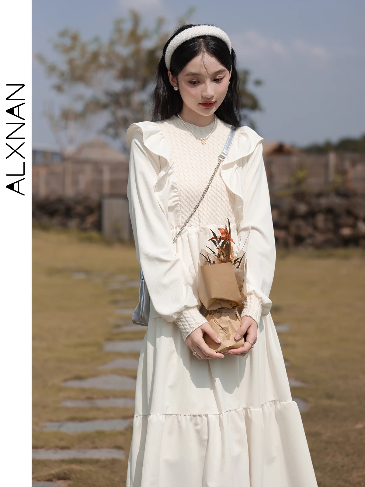 ALXNAN белое платье во французском стиле для женщин 2024 осень-зима новые лоскутные