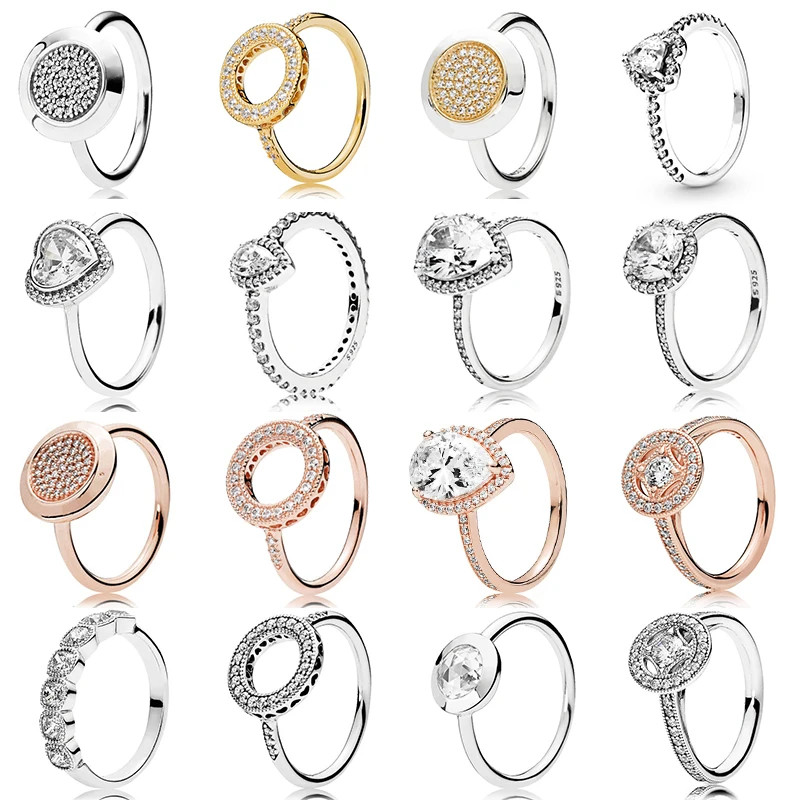 original 100% 925 Sterling Silver pan Ring with logo 100% 925 rose gold love elegant large zircon ring