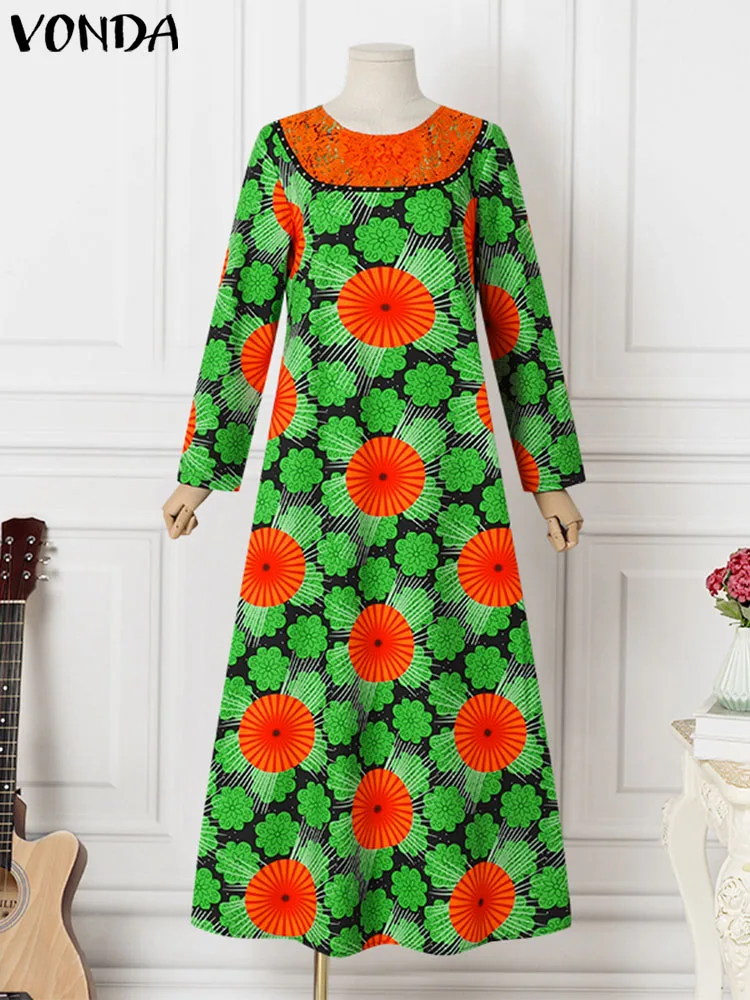 Plus Size 5XL VONDA Bohemian Floral Printed Women Sundress Sexy O Neck Long Sleeve Lace Patchwork Maxi Dress Party Beach Vestido