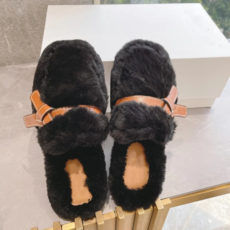 Autumn and Winter 2022 Wool Slippers Plush Fur Shoes Lamb Wool Semi Slippers Home Designer Mules Cotton Loafers Femmes Slides