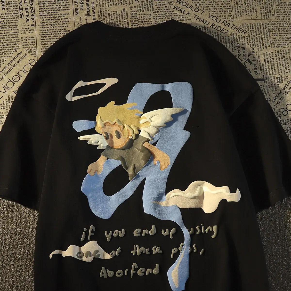 

Angel Printed Pure Cotton Short Sleeved T-shirt for Men and Women Loose Fitting Couple Versatile Top American High Street