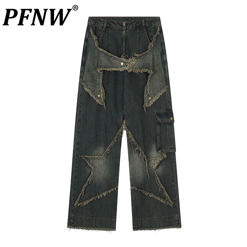 

Мужские джинсы с вышивкой PFNW, прямые джинсы в стиле пэчворк, для бега и занятий спортом, темно-синего цвета, Y2K, весна-лето, 12A8620