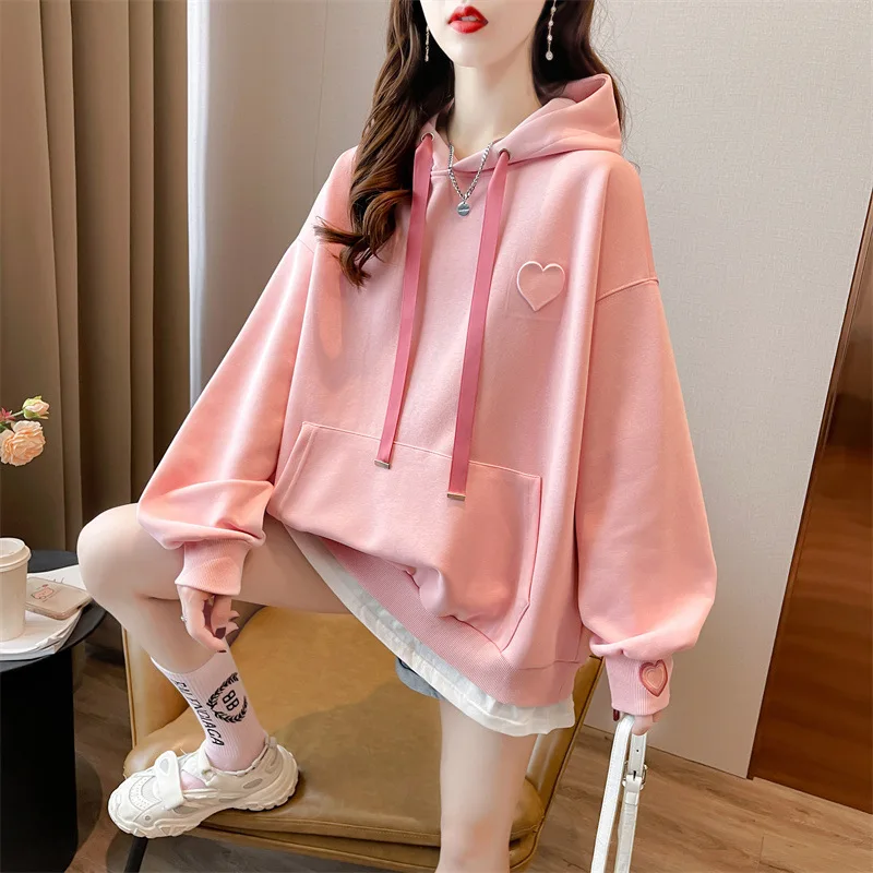 

2022 Autumn Winter New Women Fake Two-piece Hoodie Casual Loose Pullover Fashion Design Mid-length Large Pocket Solid Color Tops