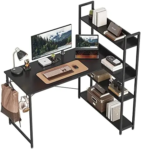 

Угловой стол с полками для хранения, 47-дюймовый маленький компьютерный стол L-образной формы, черный письменный стол для дома и офиса с 2 крючками