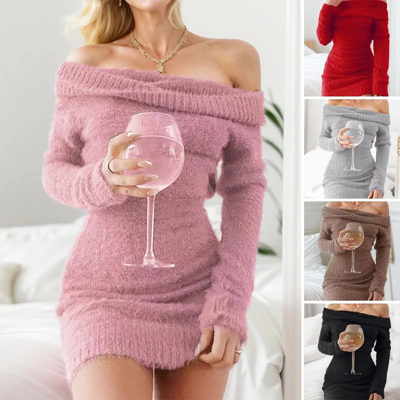 Off Shoulder Women's Sweater Dress Homecoming Elegant Long Sleeve Party Slim Fit Short