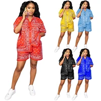 paisley printed women 2 piece set button up short sleeve shirts casual shorts matching set fitness workout activewear tracksuits