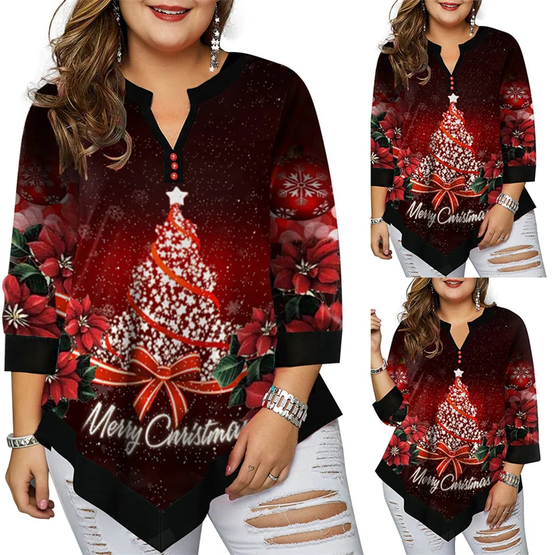 2022 Autumn Winter Women Plus Size Christmas Tree  Printed T Shirt Sexy V Neck Buttoned Irregular Hem Full Long Sleeve Tee Shirt