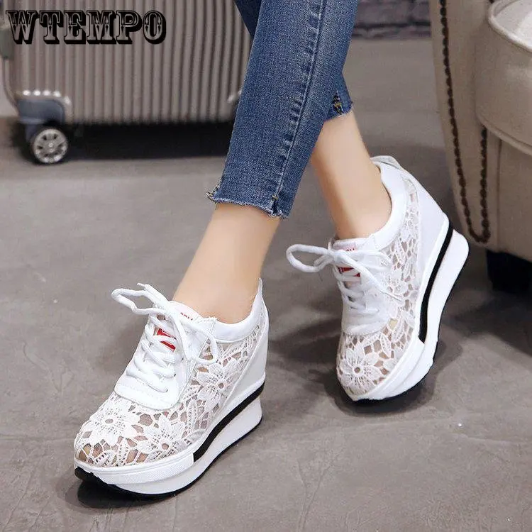 

WTEMPO Platform Wedges Slip on Sneakers Breathable Shoes Women Mesh Lace Summer Shoes
