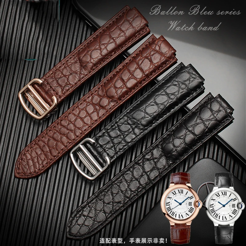 American crocodile leather watch strap suitable for cartier blue balloon convex leather strap 18 20mm men and women black