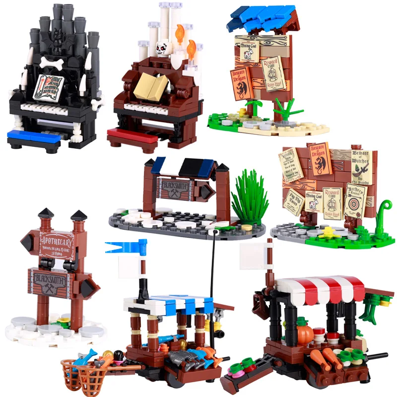 

MOC Creative City building Block Medieval Bulletin Board Indicator Selling Stall Halloween Piano Mini Model Bricks Children Gift