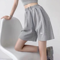 sports shorts womens summer ins loose high waist drawstring wide leg straight solid color casual shorts vintage streetwear