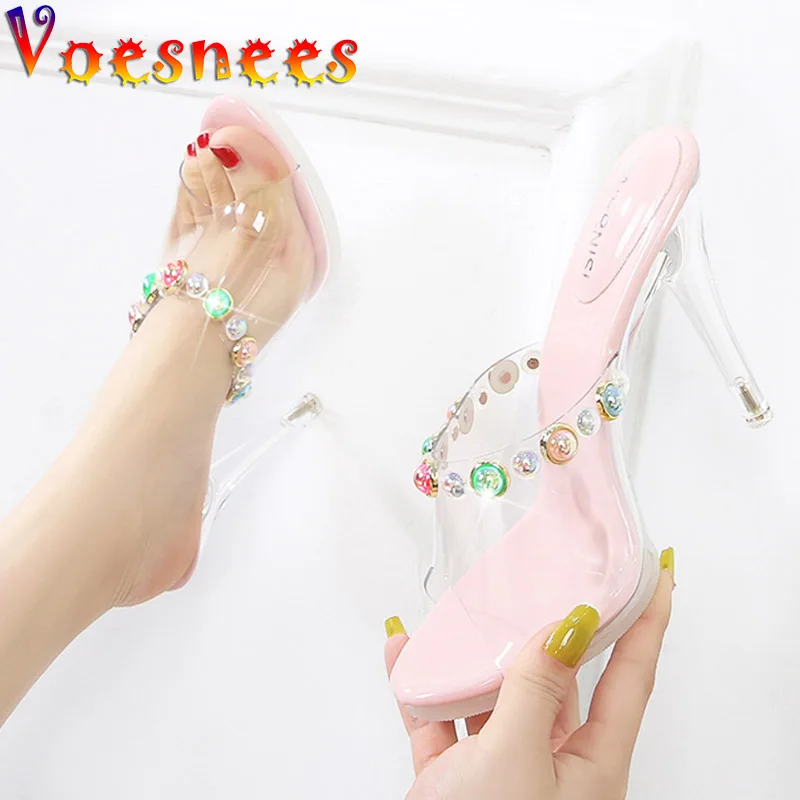 

2022 Summer New Transparent Crystal High Heels Pearl Thin Heel Women's Dress Sandals 10CM Korean Style Colour Bling PVC Slippers