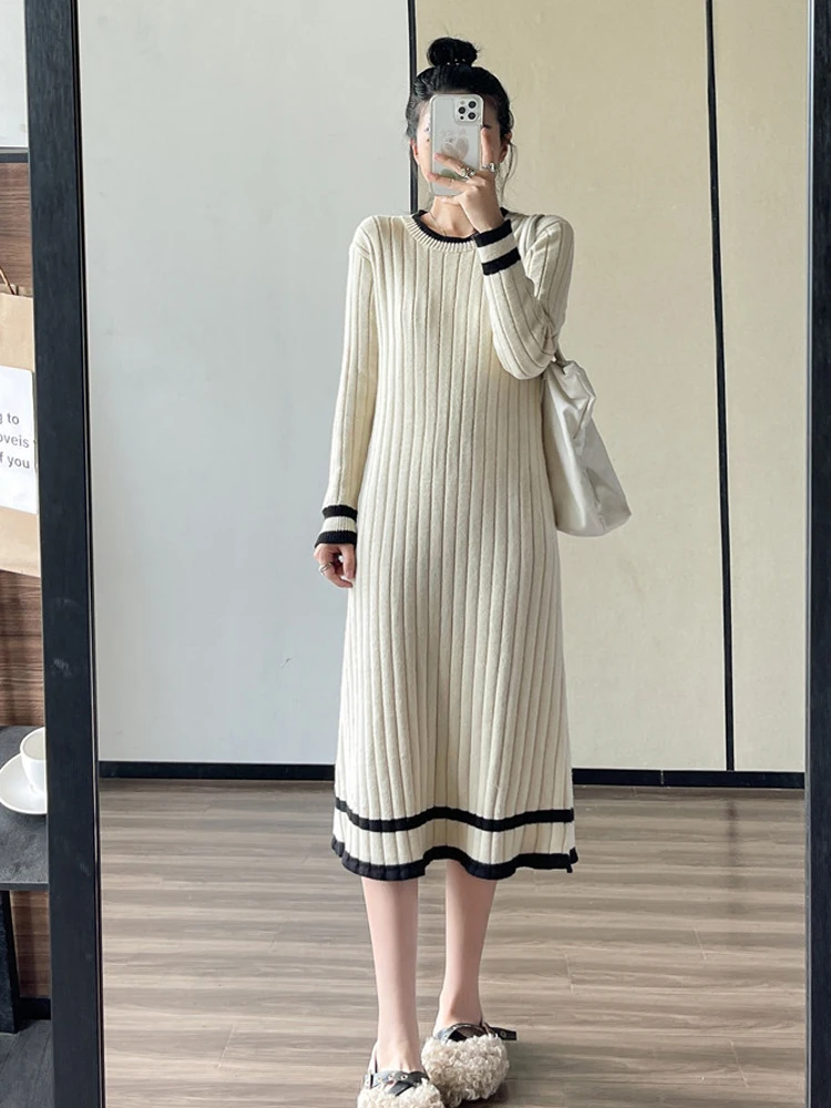 

Autumn Winter Korean Temperament Mid-Length Above Knee Stripe Knit Dress Elegant Bottoming Interior Sweater Skirt Women Dress