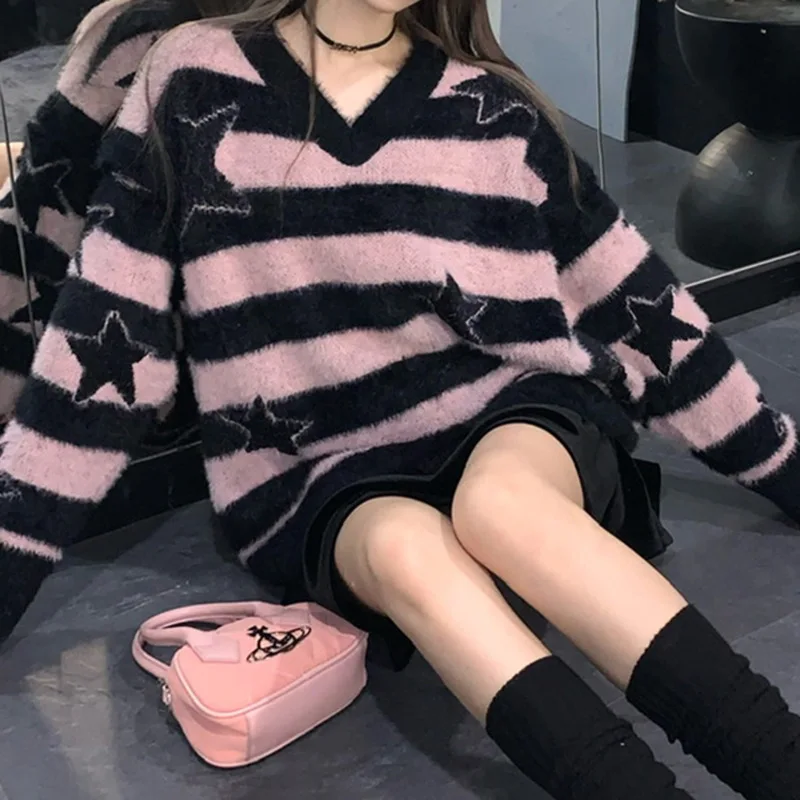 

2022 Women Warm Sweaters 2000s Aesthetic Star Striped Print V Neck Long Sleeve Tops Fairy Grunge Pullover Knitted Streetwear