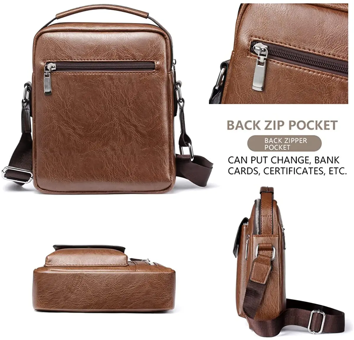 Small Crossbody Bag for Mens Leather Shoulder Bags Handbag Travel for Man Purse Sport Hiking Business Brown