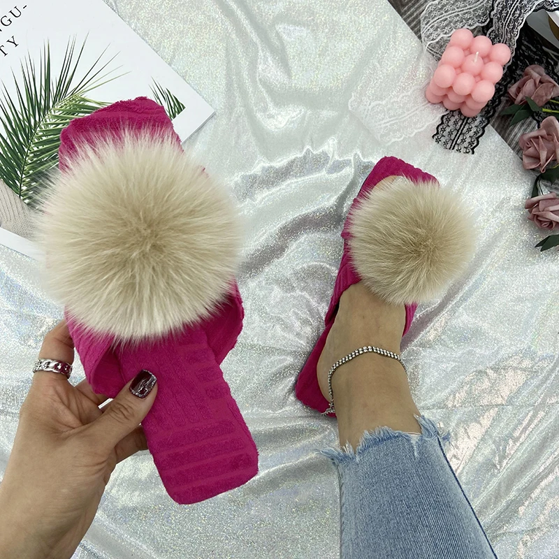 Summer Slides Women Cotton Fabric Real Fur Slippers Ladies Flats Fur Sandals 2022 Luxury Fluffy Flip Flops House Slippers Shoes
