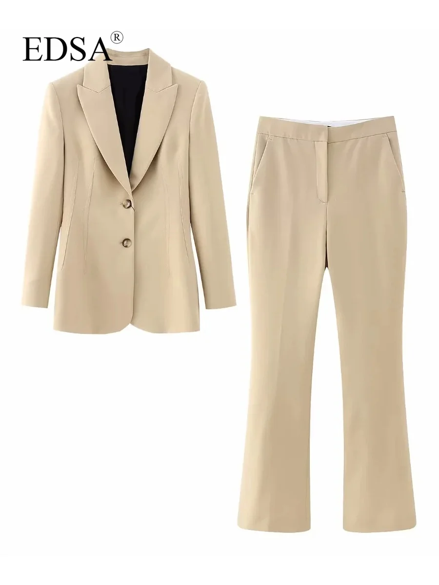 

EDSA Women Elegant Khaki Blazer With Seam Details & Straight Fit Trousers For Office Lady Suit Set Streetwear