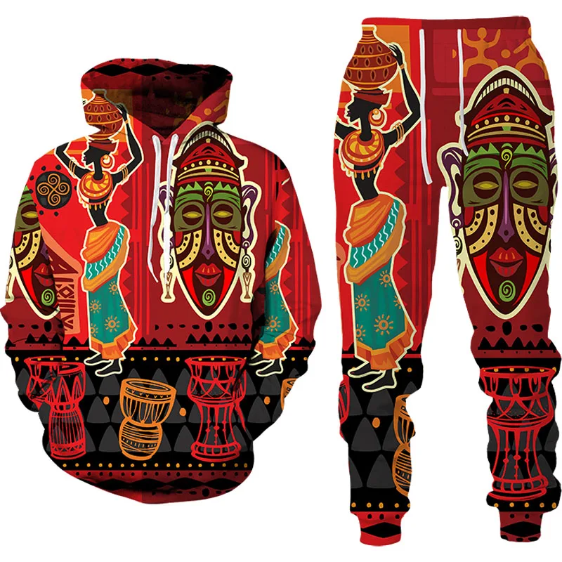 2022 Spring Autumn New 3D African Print Men's Fashion Casual Suits Couple Retro Hip Hop Hoodie + Pants Men's/Women's Sports Suit