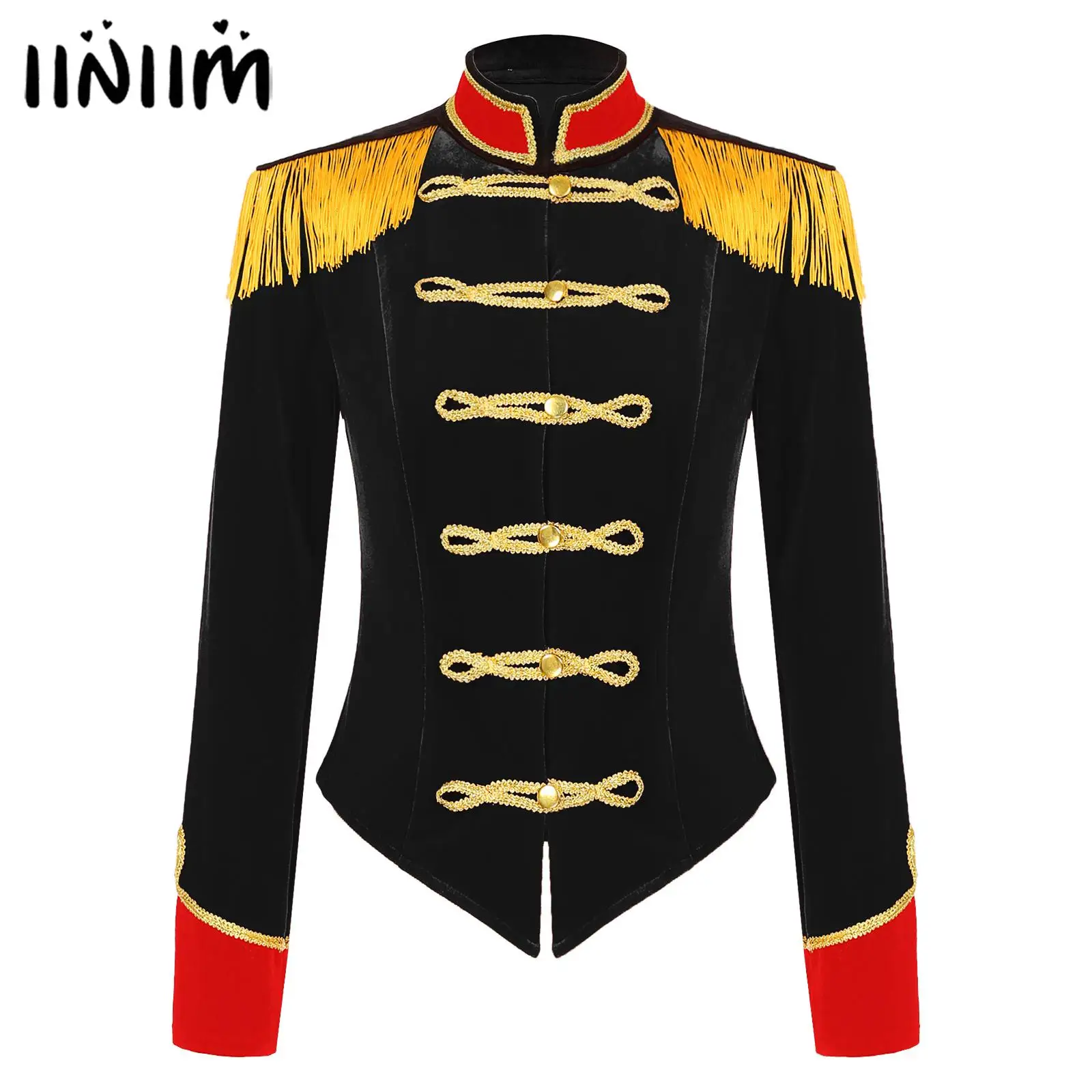 

Circus Ringmaster Costume for Womens Halloween Theme Party Cosplay Outfit Stand Collar Fringed Shoulder Board Velvet Jacket Coat
