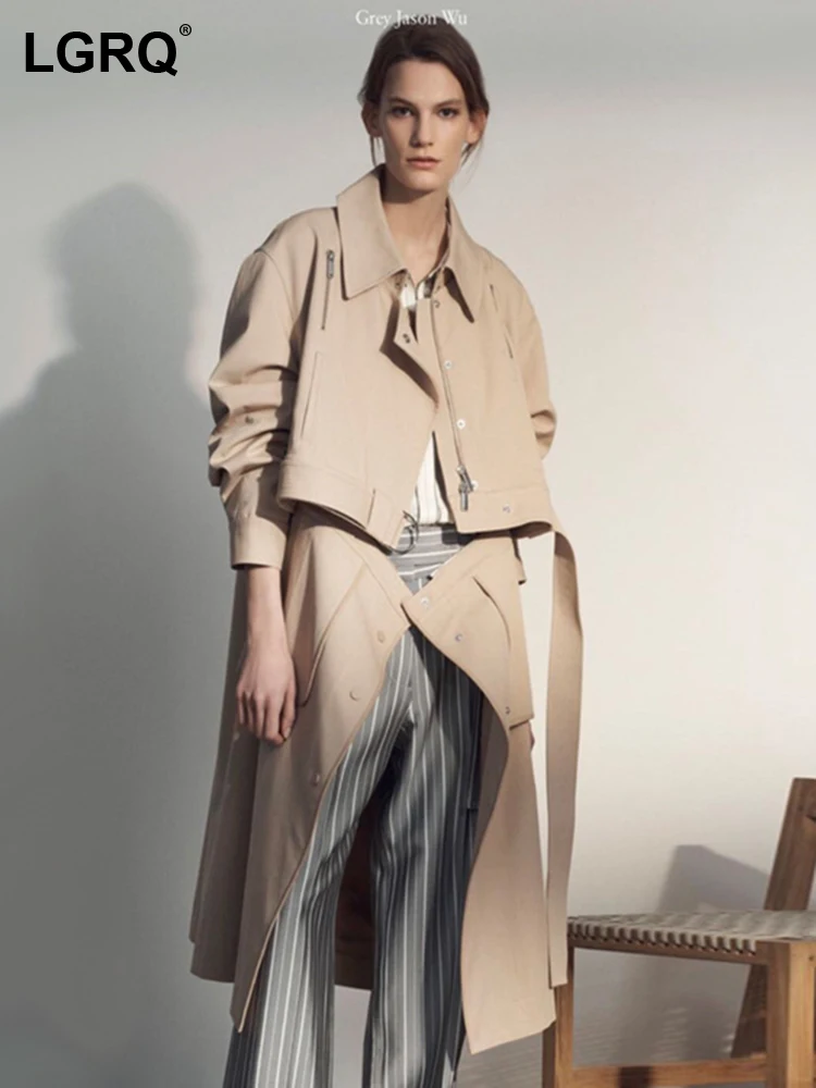 

LGRQ 2023 Autumn Women's New Trench Long Sleeve Turn-down Collar Solid Patchwork Loose Belt Coat Female Fashion Tide 19J2233