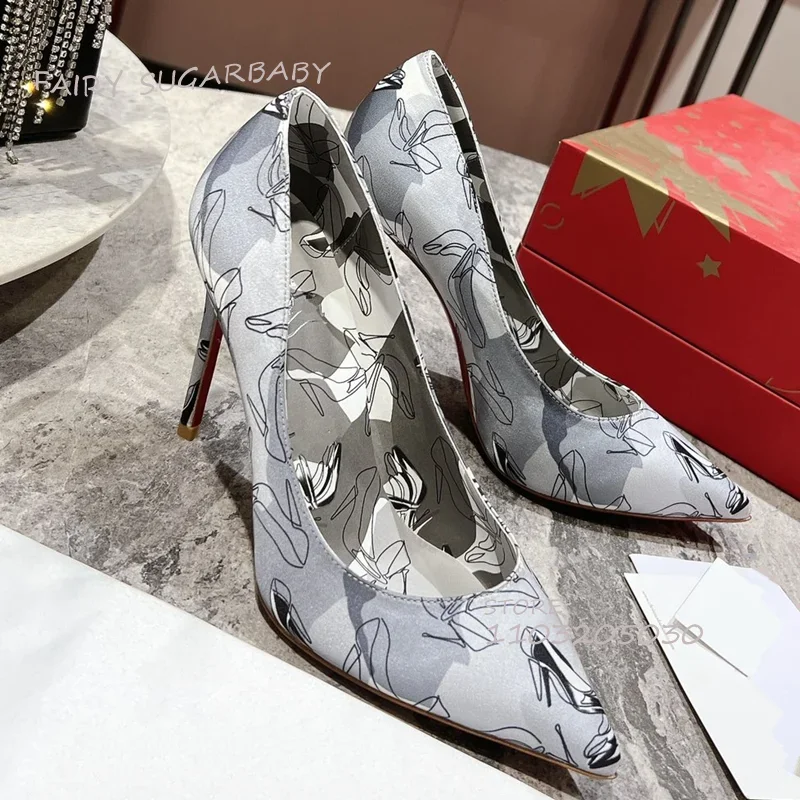 Женские разноцветные атласные туфли-лодочки с граффити серые белые шелковые