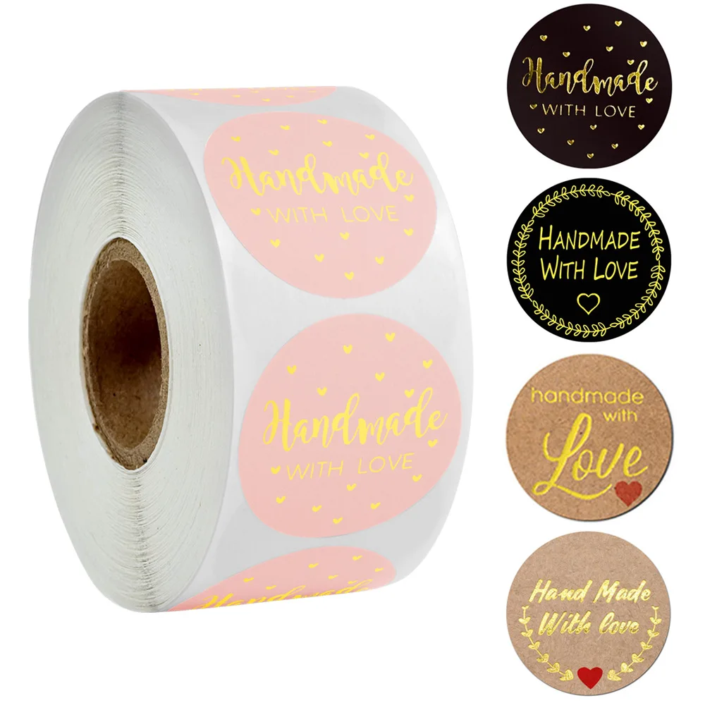 500pcs/roll Pink Handmade With Love Stickers 1 inch Round Adhesive Labels Baking Wedding Decoration Gift Packaging sticker